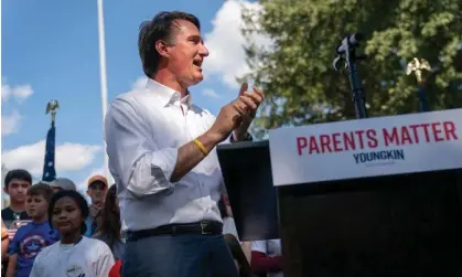  ?? Photograph: Shawn Thew/EPA ?? Governor Glenn Youngkin delivers remarks during a 'Back to School Rally' for midterm election Republican candidates in Annandale, Virginia, in August.