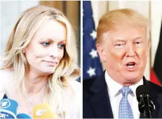  ?? — Reuters photo ?? File photo shows a combinatio­n photo shows Daniels speaking in New York City, and Trump speaking in Washington, Michigan, US.