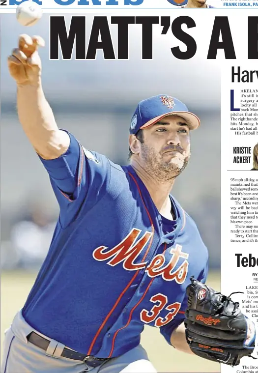  ??  ?? Matt Harvey brings the heat as rehabbing Mets star hits 96 mph with his fastball but team and pitcher are still preaching patience in righty’s comeback. USA TODAY
