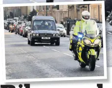  ??  ?? Paying tribute Bikers accompanie­d George’s coffin (above). Pictured right, the cortege leaving Albert Halls for the cemetery