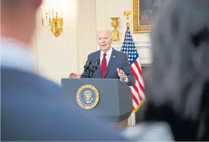  ?? NYT ?? President Joe Biden speaks after signing a $95.3-billion aid package for Ukraine, Israel and Taiwan in the State Dining Room of the White House, on Wednesday.