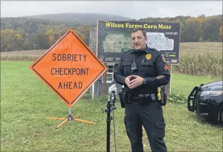  ?? HOLLY HERMAN — MEDIANEWS GROUP ?? Exeter police Sgt. David M. Bentz, Berks County coordinato­r for the North Central Regional DUI Enforcemen­t program, asks the public to refrain from driving drunk or impaired on Halloween weekend, noting there are lots of trick-or-treaters walking on the roads and people hosting parties.