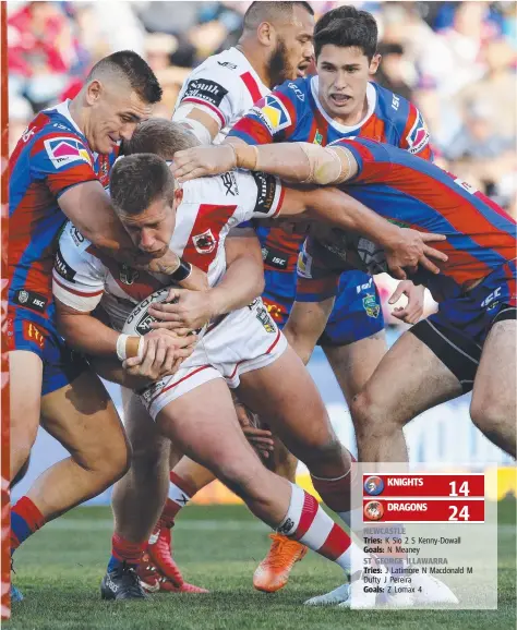  ?? Picture: AAP/Darren Pateman ?? Jeremy Latimore of the Dragons (second from left) scores a try in the NRL match against the Newcastle Knights at McDonald Jones Stadium in Newcastle yesterday