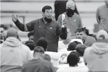  ?? [AP PHOTO/JAY LAPRETE] ?? Ohio State head coach Ryan Day talks to his team during practice on Oct. 3 in Columbus, Ohio.