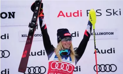  ?? Photograph: Robert F Bukaty/AP ?? Mikaela Shiffrin of United States celebrates her victory in a women's World Cup slalom skiing race.