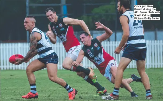  ?? ?? Crocs gun Liam Brandt during the AFL Cairns clash with South Cairns. Picture: Emily Barker