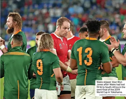  ?? CAMERON SPENCER/GETTY IMAGES ?? Wales skipper Alun Wyn Jones after Wales had lost 19-16 to South Africa in the semi-final of the 2019 World Cup in Yokohama.