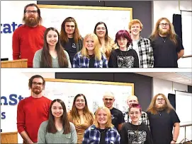  ?? Photo submitted ?? The before (top) and after (bottom) photos of the hair donors involved in the 2023 Penn State DuBois THON hair auction. Before photo, front row left to right: Elise Dufour, Abby Freemer, Marilla Mancuso, back row left to right: Ray Bolling, Gaven Wolfgang, Louise Bennett, Eamon Jamieson, Josh Rishel.