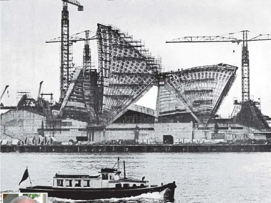  ??  ?? Jack Zunz, left, led the engineerin­g team on the Sydney Opera House, pictured under constructi­on in 1965.