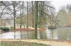  ?? FOTO: LESLIE BROOK ?? Der Weiher im Volksgarte­n ist derzeit zugefroren. Das Betreten der Eisfläche ist verboten. Schön anzusehen ist sie dennoch – zumal sich ein Ausflug in den Park immer lohnt.