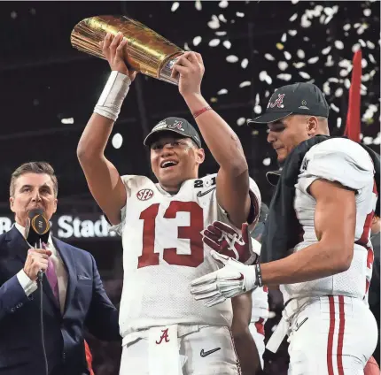  ?? MATTHEW EMMONS/USA TODAY SPORTS ?? Alabama’s Tua Tagovailoa (13) celebrates after winning the CFP national championsh­ip.