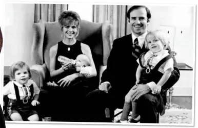  ??  ?? POIGNANT: Joe Biden with first wife Neilia, Hunter, left, Naomi and Beau. Left: Beau embraces his father at the 2008 Democratic National Convention, after Joe had been nominated for Vice President