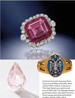  ??  ?? Clockwise from left: Astronaut Dave Scott wore the Bulova ( far left), which sold for US$ 1.6 million, to the moon; The Hope Spinel set a world record price of £ 962,500; The Fabergé Imperial presentati­on men’s ring; Sean Connery’s Fancy orangy pink...