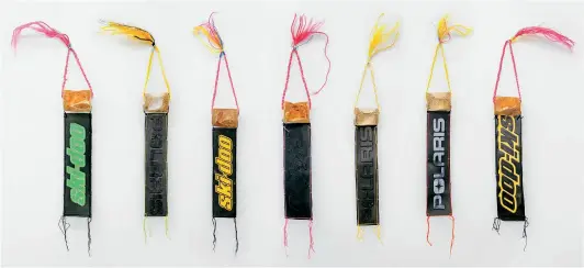  ??  ?? BELOW
Maureen Gruben
(b. 1963 Tuk tuuyaqtuq)
—
Assemblage­s #1 – #7
2019
Snowmobile flaps, beluga vertebrae, rope and embroidery thread
106.7 × 12.7 cm (each)
IMAGES COURTESY FAZAKAS GALLERY