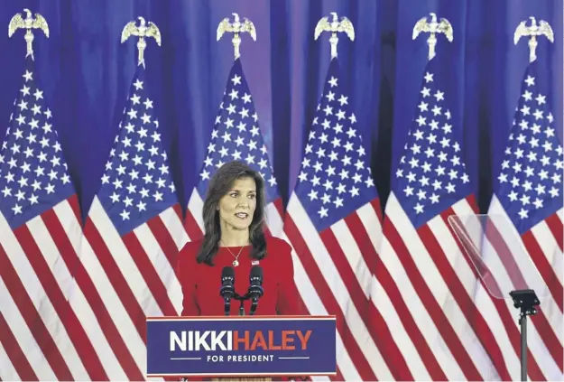  ?? ?? Republican presidenti­al hopeful and former UN Ambassador Nikki Haley announces the suspension of her presidenti­al campaign at her campaign headquarte­rs in Charleston, South Carolina, yesterday after losing all GOP primaries except Vermont on Super Tuesday