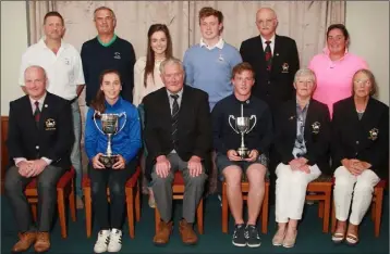  ??  ?? The Tom Funge Memorial cups boys’ and girls’ open competitio­n sponsored by Funge’s of Gorey at Courtown. Front (from left): John Fitzgerald (Captain), Hazel Simmons (girls’ winner), Joe Funge (sponsor), Ross McCormack (boys’ winner), Laura Funge (lady...