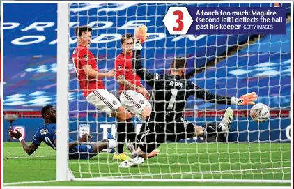  ?? GETTY IMAGES ?? A touch too much: Maguire (second left) deflects the ball past his keeper