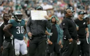  ?? MICHAEL PEREZ — THE ASSOCIATED PRESS ?? Just because Eagles head coach Doug Pederson occasional­ly thinks for himself and makes a decision outside of the social-media sports crowd’s list of coaching commandmen­ts, it doesn’t mean he has to hide behind his playchart. Come on out, Doug ... the...