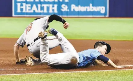  ?? STEVE NESIUS/AP PHOTOS ?? The Tampa Bay Rays’Joey Wendle, right, dives into first base as Orioles first baseman Trey Mancini makes the putout during the fourth inning Sunday in St. Petersburg, Florida. The Rays went on to beat the Orioles, 7-1, sweeping the series and giving Baltimore its 15th straight road loss.