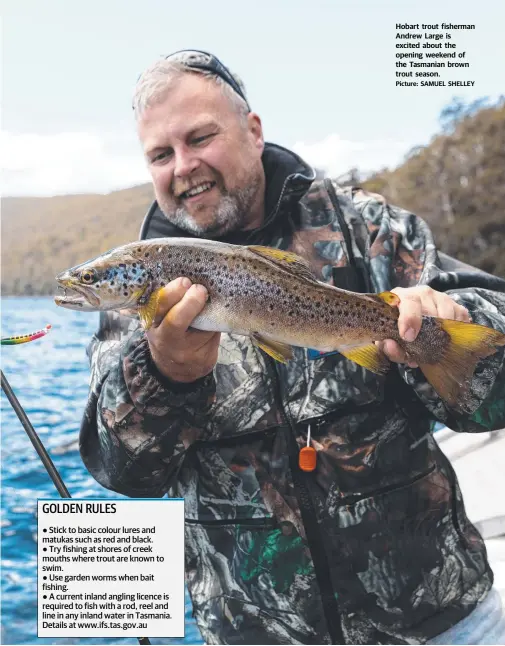  ??  ?? Hobart trout fisherman Andrew Large is excited about the opening weekend of the Tasmanian brown trout season.