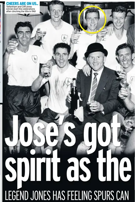  ??  ?? CHEERS ARE ON US.. Tottenham and CliffJones (circle) start the celebratio­ns after clinching the title in 1961