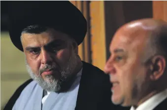  ?? Reuters ?? Moqtada Al Sadr, left, and Iraqi Prime Minister Haider Al Abadi have enabled Iraq to move closer to the formation of a new government after agreeing to an alliance