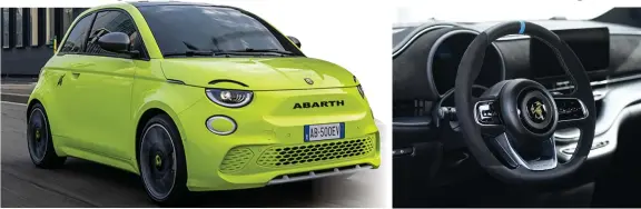  ?? ?? L’Abarth 500e con le carreggiat­e più ampie di 60 millimetri esprime la sua anima sportiva
Il volante racing e la plancia sportiva dell’Abarth 500e