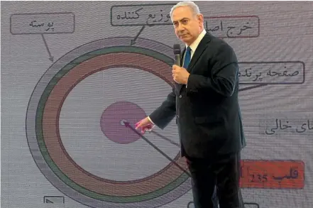  ?? AP ?? Israeli Prime Minister Benjamin Netanyahu presents material on Iranian nuclear weapons developmen­t during a press conference in Tel Aviv.