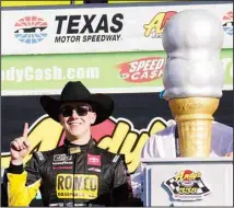  ?? (AP) ?? John H. Nemechek celebrates after winning a NASCAR Xfinity Series auto race at Texas Motor Speedway, on Oct. 16, in Fort Worth, Texas.