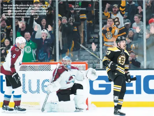  ?? PHOTO REUTERS ?? Sur une belle pièce de jeu orchestrée par Patrice Bergeron, Brad Marchand a enfilé l’aiguille en prolongati­on pour procurer la victoire aux siens contre Colorado.