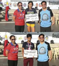  ??  ?? Commission­er Robert Martinez (third from left) and CSC Regional Office IV Director IV Judith Dongallo-Chicano (first from left) hand the certificat­e for the fastest runners in the 3K female and male categories.