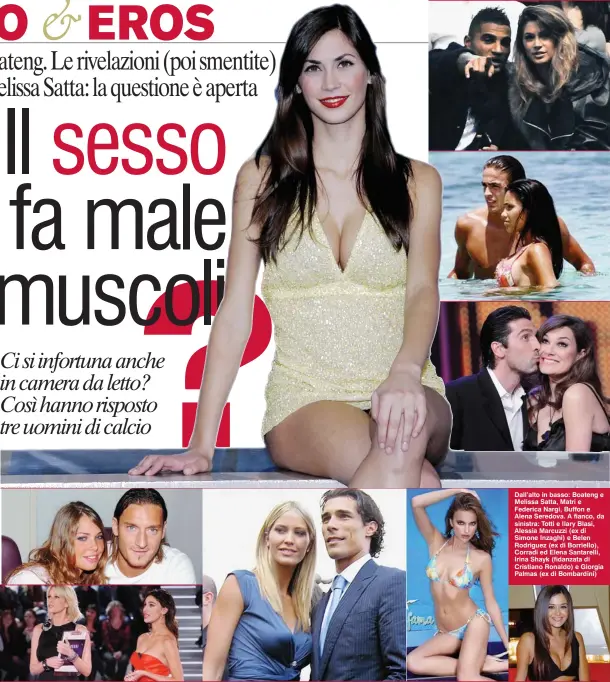  ??  ?? Dall’alto in basso: Boateng e Melissa Satta, Matri e Federica Nargi, Buffon e Alena Seredova. A fianco, da sinistra: Totti e Ilary Blasi, Alessia Marcuzzi (ex di Simone Inzaghi) e Belen Rodriguez (ex di Borriello), Corradi ed Elena Santarelli, Irina...