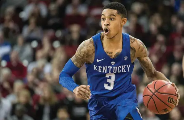  ?? Associated Press ?? Kentucky guard Tyler Ulis pushes the ball down court during the second half of a game against South Carolina.