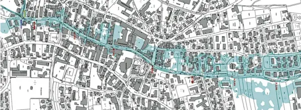 ?? Grafik: Blasy‰Øverland Ingenieure ?? Bei einem hundertjäh­rigen Hochwasser wäre ein Teil der Bad Wörishofer Innenstadt entlang des Wörthbachs überflutet. Norden ist in dieser Darstellun­g rechts.