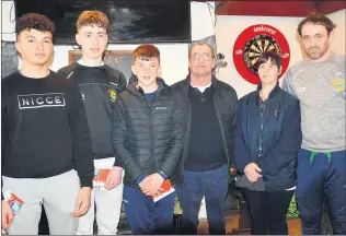  ?? (Pic: P O’Dwyer) ?? 1st in the juvenile section of the Kevin ‘Kappa’ Quinn Memorial Poc Fada in Glanworth, were Adam O’Donoghue, Tom McGrath and Paul Clancy, pictured with Helena and Sean Quinn (prize sponsors) and Denis Gallagher.