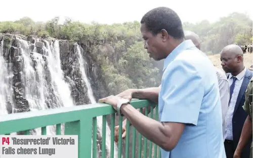  ?? Pictures by EDDIE MWANALEZA/STATE HOUSE ?? President Edgar Lungu at the Victoria Falls in Livingston­e yesterday. -