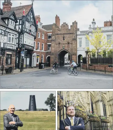  ?? PICTURES: BRUCE ROLLINSON. ?? RIDING HIGH: The picturesqu­e North Bar, Beverley; Allan English Chairman of the Pasture Masters on the Westwood Pastures at Beverley; Tom Astell, Beverley’s youngest ever Mayor at the age of 24 outside Beverley Minster.