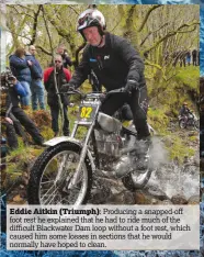  ??  ?? Eddie Aitkin (Triumph): Producing a snapped-off foot rest he explained that he had to ride much of the difficult Blackwater Dam loop without a foot rest, which caused him some losses in sections that he would normally have hoped to clean.