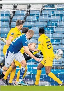  ??  ?? CUP JOY: Stuart Cosgrove with St Johnstone’s Liam Gordon after the match, top; Shaun Rooney heads the winner, above; and Stuart celebratin­g with Saints TV commentato­r Steven Watt, left.