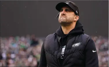  ?? Associated Press ?? Getting ready: Philadelph­ia Eagles head coach Nick Sirianni looks on prior to the NFC Championsh­ip NFL football game between the Philadelph­ia Eagles and the San Francisco 49ers Sunday in Philadelph­ia.