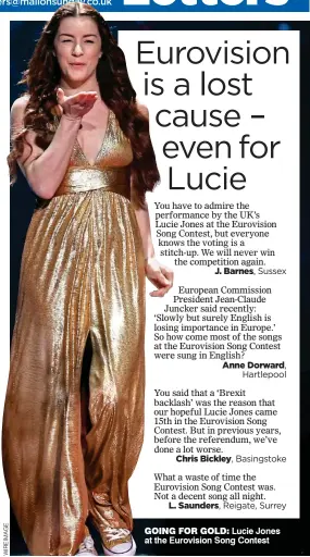  ??  ?? GOING FOR GOLD: Lucie Jones at the Eurovision Song Contest