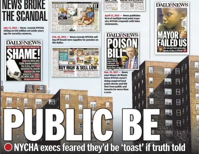  ??  ?? July 13, 2012 — News reveals NYCHA sitting on $42 million set aside years ago for security cameras. Feb. 25, 2015 — News reveals NYCHA selling off brand-new supplies for pennies on the dollar. April 13, 2015 — News publishes first of multiple lead...