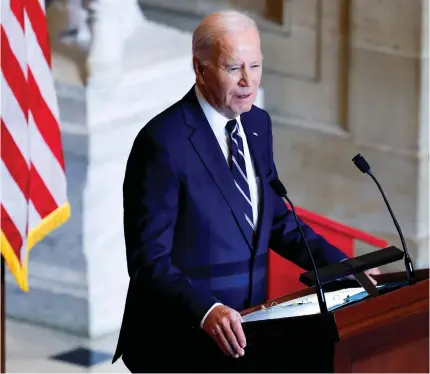  ?? GETTY IMAGES VIA AFP ?? US President Joe Biden at the Statuary Hall in the US Capitol on Thursday, Feb. 1, 2024, in Washington, D.C.