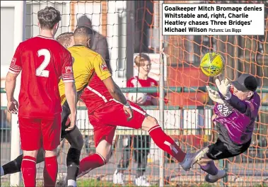  ?? Pictures: Les Biggs ?? Goalkeeper Mitch Bromage denies Whitstable and, right, Charlie Heatley chases Three Bridges’ Michael Wilson