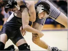  ?? NATE HECKENBERG­ER - FOR MEDIANEWS GROUP ?? Sun Valley’s Shane Holefelder, left, gets a leg against West Chester Henderson’s Billy Wilson in a 13-8win at 120pounds. The Vanguards lost in the District 1Class 3A Duals, 58-15.