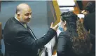  ?? (Dani Shem Tov/Knesset Spokespers­on) ?? MK SHARREN HASKEL tries to persuade Ra’am head Mansour Abbas to support the cannabis law in the Knesset yesterday.