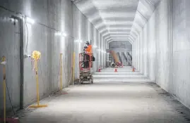  ??  ?? There's a constant rhythmic crashing in the trench under Albert St. Above right, the tunnel box is close to completion towards the site of Aotea Station.