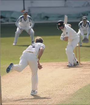  ?? PICTURE: DAVE WILLIAMS ?? ONE FOR THE FUTURE: David Willey, left, bowls to Josh de Caires, right, on day two of Yorkshire’s practice match with Leeds-Bradford MCCU.