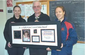  ??  ?? Sharon’s husband Don Kelly with Laura Williams, left, and club president Robyn Mitchard.