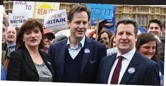  ??  ?? Protest: Nicky Morgan, Nick Clegg and Labour MP Chris Leslie outside the Commons yesterday